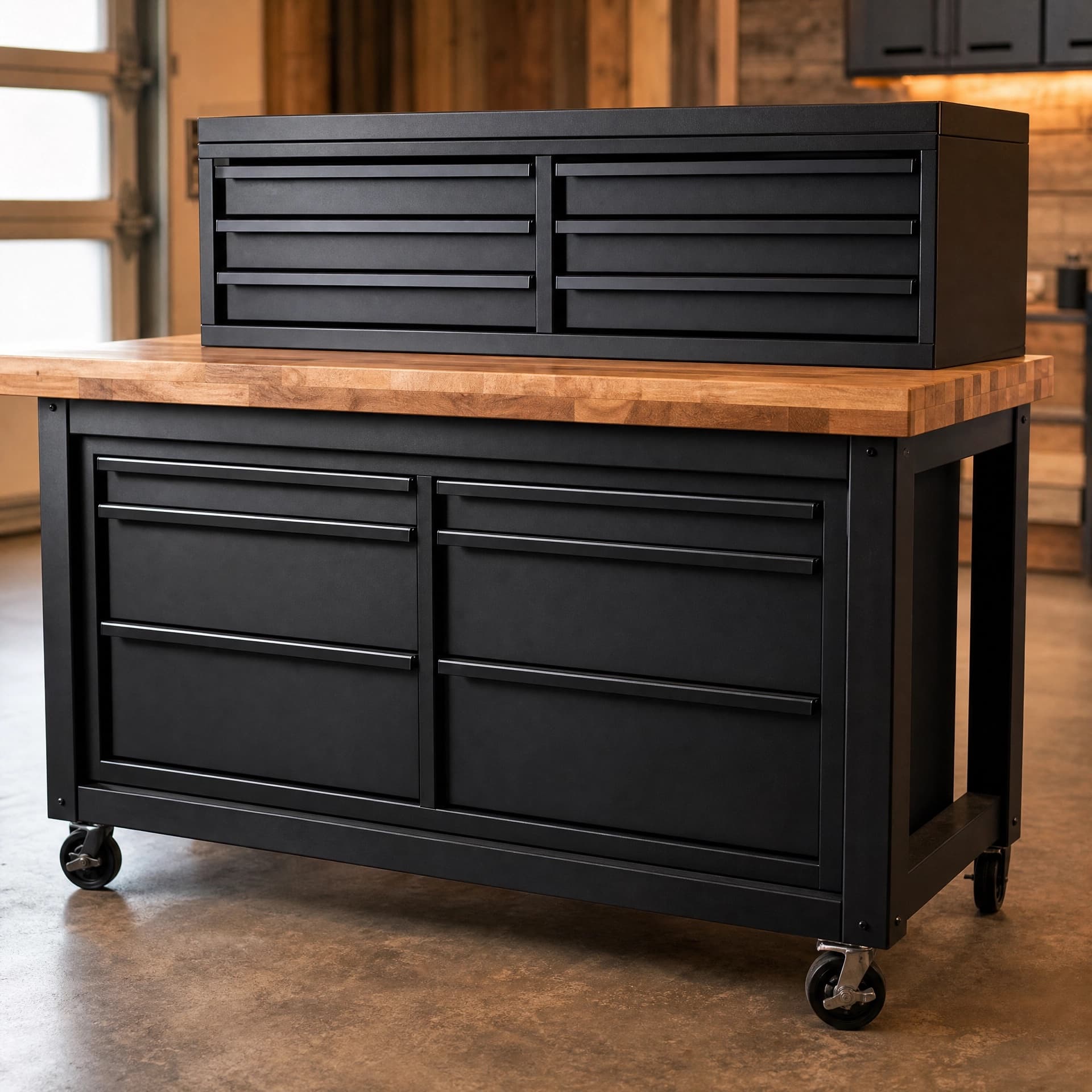 Workbench with Stacked Cabinet Combo